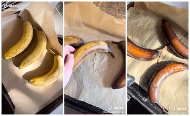 On the left are three yellow bananas on a baking sheet. In the middle is a hand flipping bananas over on the baking sheet. On the right are three brown bananas on a baking tray.