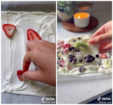 On the left is a hand placing fruit onto a yogurt-covered baking sheet. On the right is a hand holding up yogurt bark with strawberry, kiwi, blackberry, coconut, and chocolate chips.