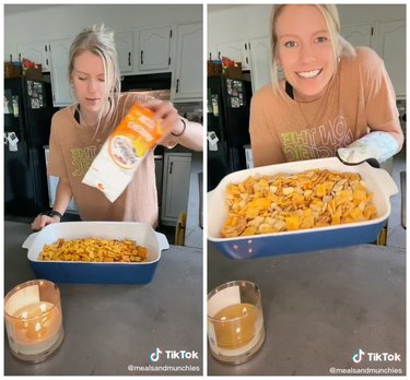 On the left is a woman pouring Goldfish into a tray. On the right is the same woman holding up her ranch snack mix in her kitchen.