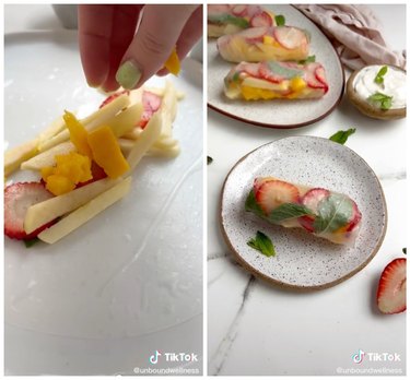 On the left is fruit being placed onto rice paper. On the right is a fruit spring roll on a white plate.