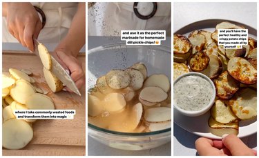 On the left are hands chopping a potato on a wooden cutting board. In the middle are the potato slices soaking in pickle juice with dill seasoning. On the right are the chips displayed on a plate with a white dipping sauce.