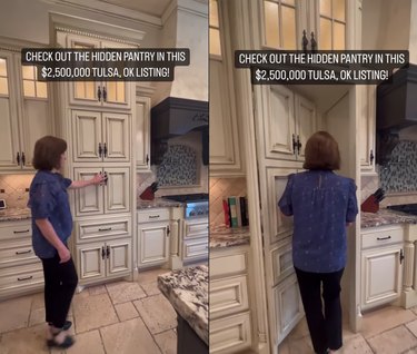 Split screen image of a woman with her hand on a pantry door on the left and a woman opening the door on the right