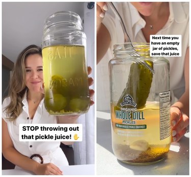 On the left is a woman in a white shirt holding a jar of pickles to the camera. On the right is the same woman lifting a pickle out of the jar with a fork.