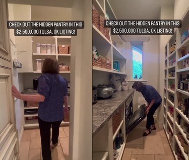 Split screen image of a woman walking through the door of a pantry on the left and a woman opening an oven in the pantry on the right