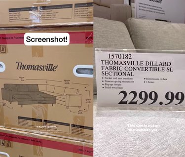 Split screen image of the box of a couch on the left and the price tag of the couch on the right