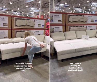 Split screen image of a woman pulling out the sleepover of a pop-out couch on the left and the couch fully pulled out on the right