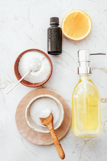 Ingredients for making a DIY Baking Soda Bathtub Scrub