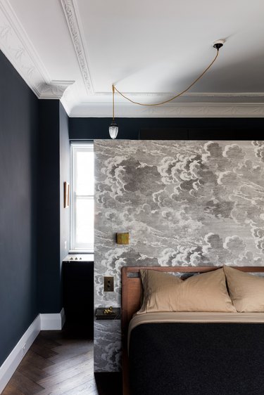 navy blue, gray, and black bedroom color idea