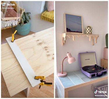 On the left is a piece of wood being measured and on the right is a wooden drippy shelf with a picture frame on it over a desk with a pink lamp and record player.