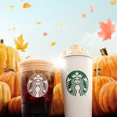 Two Starbucks drinks, one iced and one hot, in front of pumpkins with falling leaves and a blue sky.
