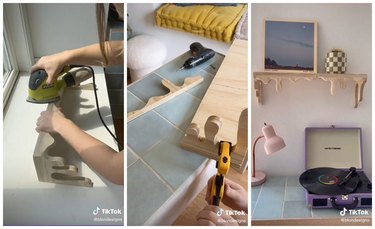 On the left is a hand sanding down a shelf. In the middle is a hand using a clamp to glue together pieces of wood. On the right is a wooden drippy shelf with a picture frame on it over a desk with a pink lamp and record player.