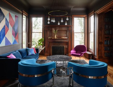 blue, gray, pink living room color idea