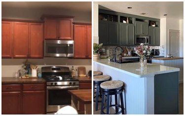 Two photos showing a before and after kitchen DIY. On the right, the kitchen cabinets are a red-brown wood, there is a space above the cabinets, and the counter is a brownish stone. On the right, the after photo shows the same cabinets — now a dark sage green — with boxes of decorative vases above the cabinets to fill that empty space.