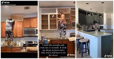 A person remodeling cabinets in three different frames. In the first, they are adding plywood boxes above the cabinets to cover the empty space. In the second, they are priming the boxes and cabinets. In the third, you can see the finished product with dark sage green kitchen cabinets that look brand new.