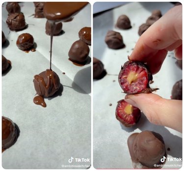screenshots of chocolate covered peanut butter filled raspberry video