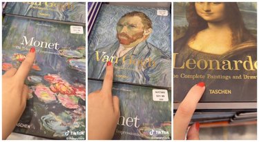 A three-panel image. The first image on the left shows the cover of an art book about Monet — there are pink and green water lilies. The second is for Van Gogh and has the artist's self-portrait. The third is for Leonardo Da Vinci and shows the slightly smiling Mona Lisa.