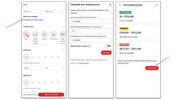 Screenshots of the new Realtor.com tool that allows you to input monthly income, debt, and location in order to see what is affordable.