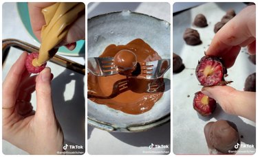 screenshots of chocolate covered peanut butter filled raspberry video