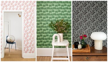 Split screen three ways of three different wallpapers, one pink with a disco ball, one green with a plant on a stool in front of it, and one black with a wooden dresser in front