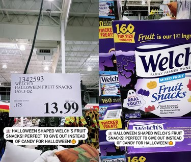 Split screen image of a price tag sign on the left and a box of Welch's fruit snacks on the right