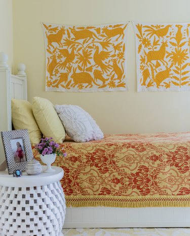yellow room with red, orange and white