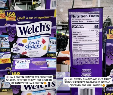 Split screen image of a box of Welch's fruit snacks on the left and the nutrition facts on the box on the right