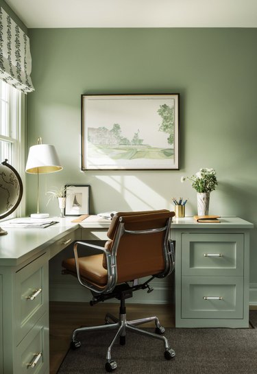 sage green furniture in office with sage green wall