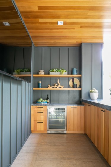 gray board and batten and pine covered kitchen