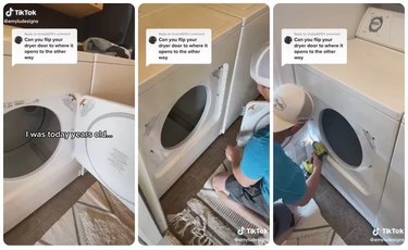 A three-pane image of a TikTok video on how to reverse your dryer door
