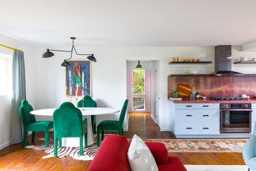 red, green, and light blue color idea for open floor plan