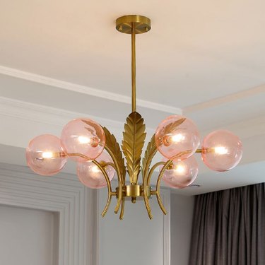 Pink Glass Drawing Room Hanging Chandelier with Leaf Décor, $475.84