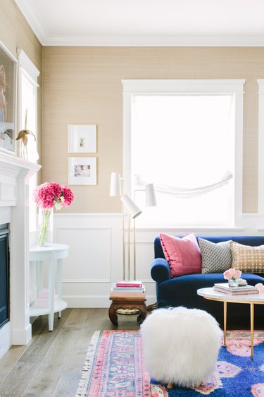 pink, blue, tan living room color idea