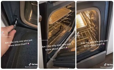 A three-pane image showing a TikTok video on how to remove your oven door