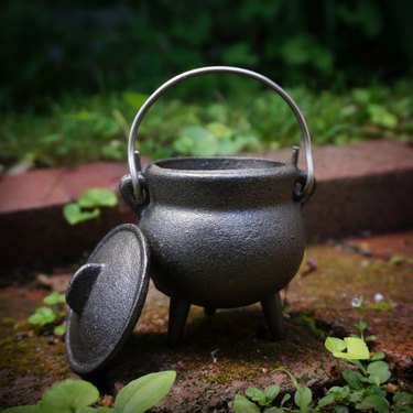 A small black cauldron with a lid and a silver metal handle. The cauldron is pictured outside on dirt and is surrounded by greenery.
