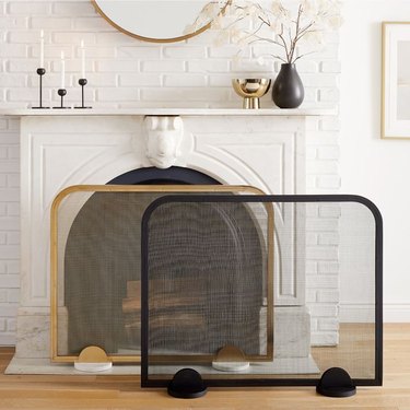 West Elm Art Deco Metal Fireplace Screen in Brass and White Marble