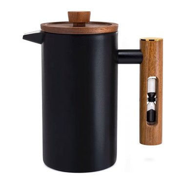 Black french press with wooden handle and lid