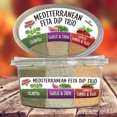 Image of Hannah’s Mediterranean Feta Dip Trio with three flavors: sun-dried tomato & basil, garlic & chive, and cilantro