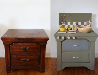 Side by side before and after of wood nightstand painted green and turned into a kids toy kitchen