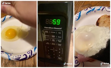 Left is a land cracking a egg onto a paper plate. Middle is an image of a mircowave. Right is a spatula placing a poached egg onto an English muffin on a paper plate.