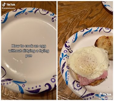 Left is a paper plate with a caption that reads "How to cook an egg without dirtying a frying pan." Right is a picture of a poached egg on an English muffin with ham on a paper plate.