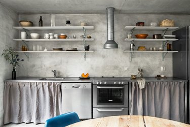 industrial kitchen with gray plaster walls