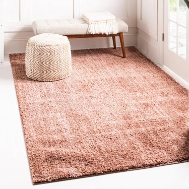 Entryway with a nutmeg colored rug bench and pouf