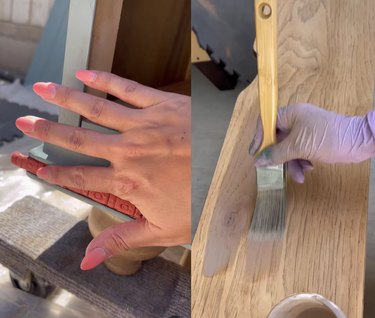 A hand pressing a decorative mold onto a dresser on the left and a hand staining a piece of wood on the right