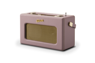 A blush pink Revival iStream 3L radio with gold fixtures.