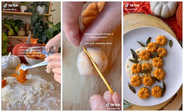 On the left is a hand holding a spoon which is adding pumpkin puree to mashed potatoes. In the middle is a hand pressing a toothpick into an orange ball of dough. On the right is a top view of the pumpkin-shaped gnocchi on a white plate garnished with rosemary.