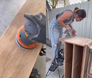 Split screen image of a power sander on the left and a woman sawing a dresser on the right