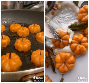 On the left is pumpkin-shaped gnocchi in a pan with oil. On the left is a fork dipping pumpkin-shaped gnocchi in a white sauce.