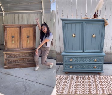 Split screen of a woman next to an old armoire on the left and a refurbished armoire on the right