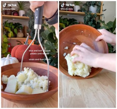 On the left is a hand mashing potatoes in a wooden bowl. On the right is a hand taking the mashed potatoes out of the bowl and placing them on a wooden surface.