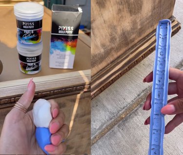 Split screen image of someone using Pixiss Mold putty on the left and the mold that was created on the right